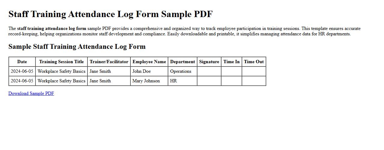 staff training attendance log form sample PDF image preview