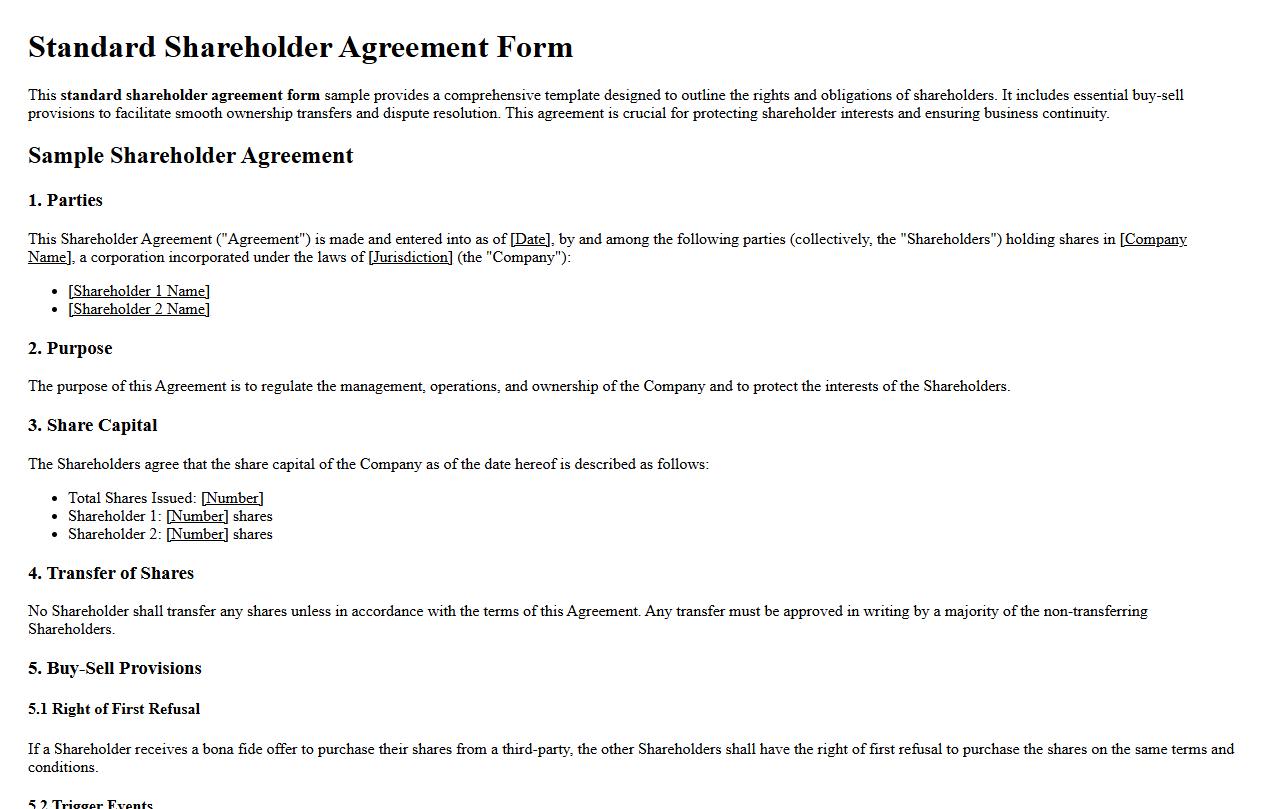 Standard shareholder agreement form sample including buy-sell provisions image preview
