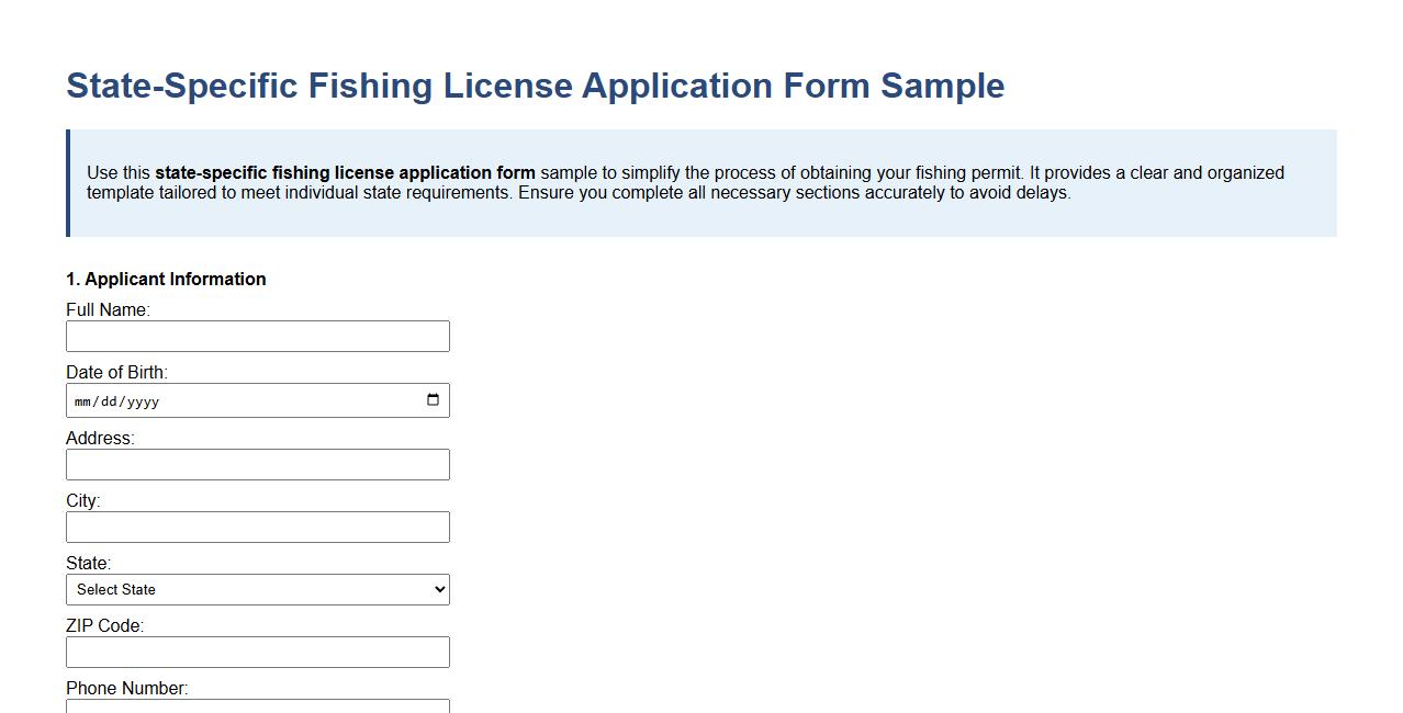 State-specific fishing license application form sample image preview