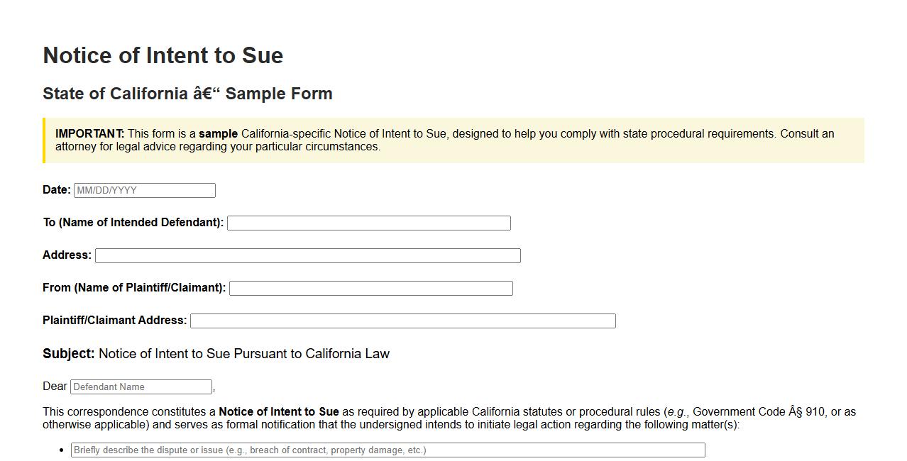 State-specific Notice of Intent to Sue form sample for California image preview