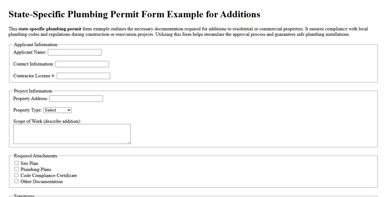 State-specific plumbing permit form example for additions image preview