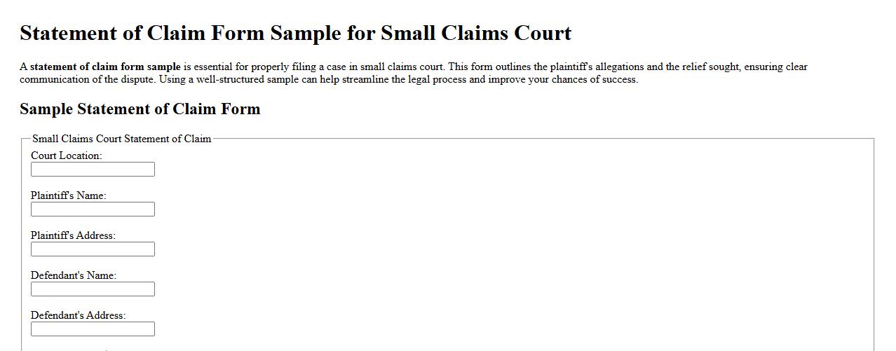 Statement of claim form sample for small claims court image preview