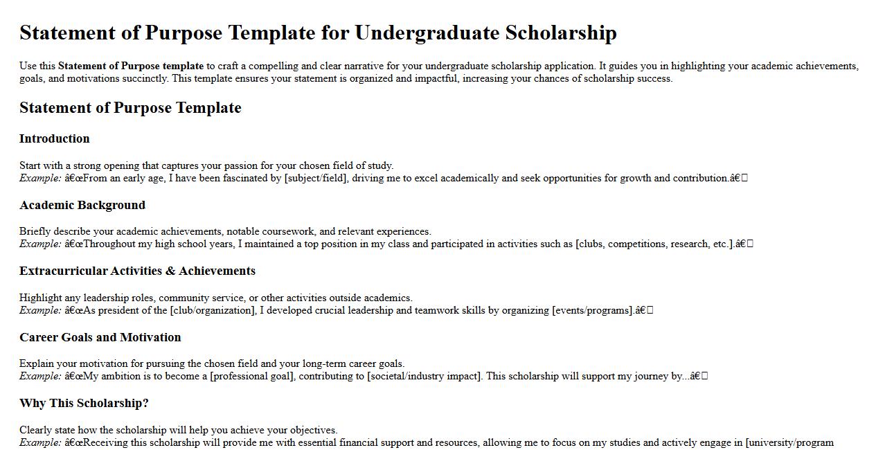 Statement of Purpose template for undergraduate scholarship image preview