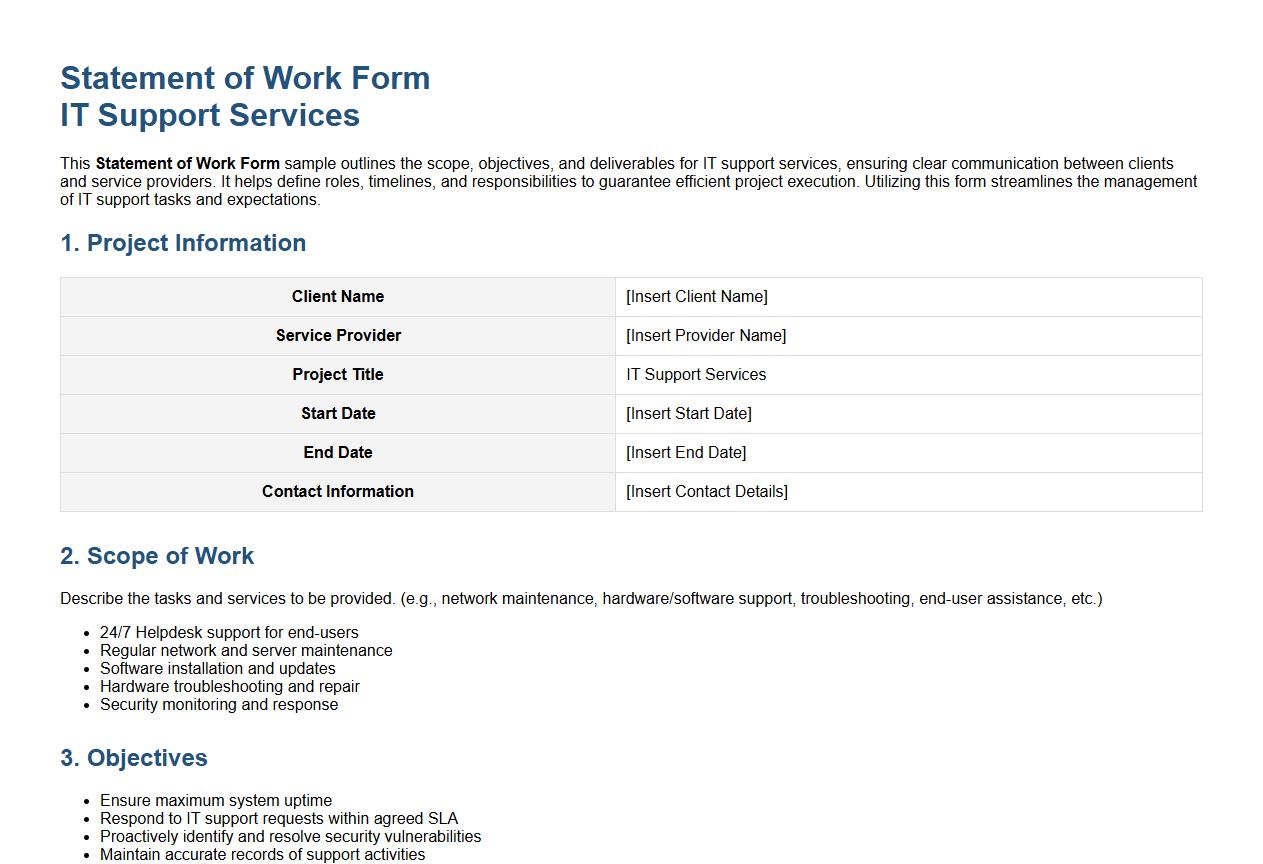 Statement of Work Form Sample for IT Support Services image preview