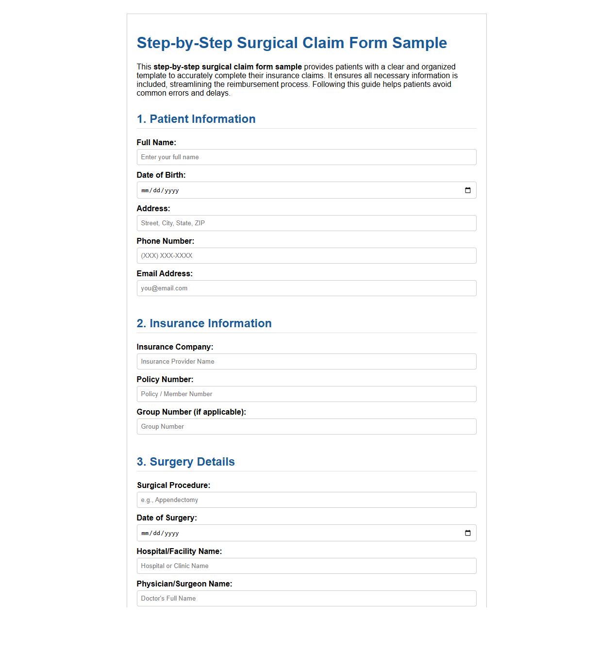 step-by-step surgical claim form sample for patients image preview