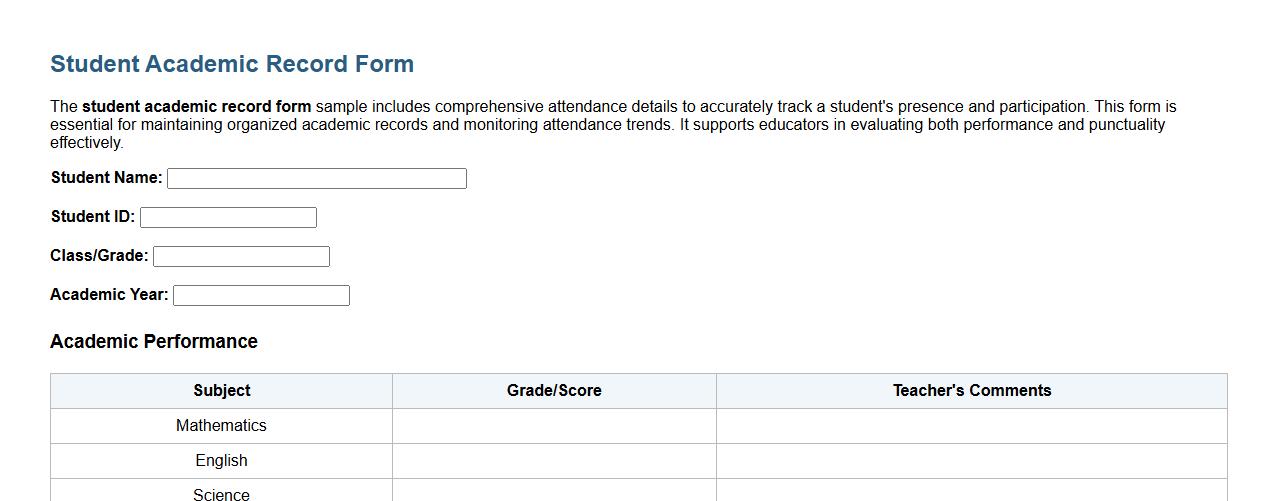 Student academic record form sample with attendance details image preview