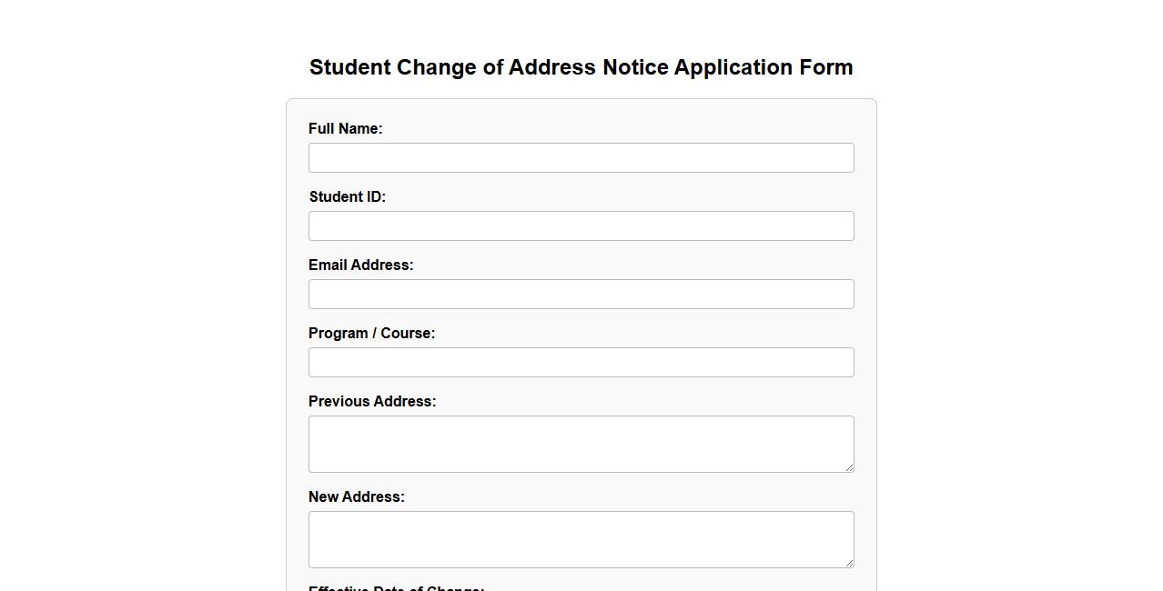Student change of address notice application form sample image preview