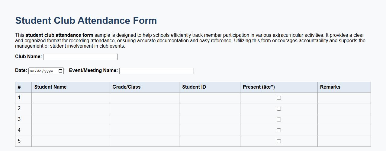 Student club attendance form sample for schools image preview