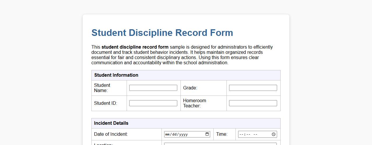Student discipline record form sample for administrators image preview