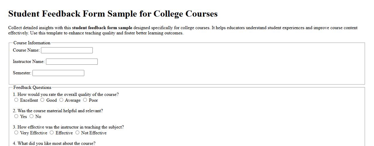 Student feedback form sample for college courses image preview