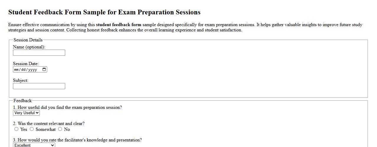Student feedback form sample for exam preparation sessions image preview
