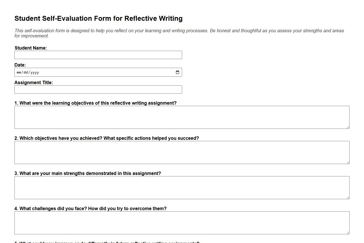 student self-evaluation form sample for reflective writing image preview