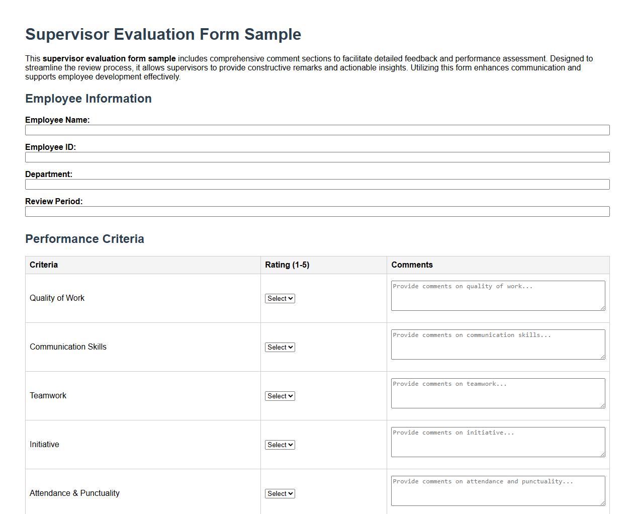 Supervisor evaluation form sample with comment sections image preview