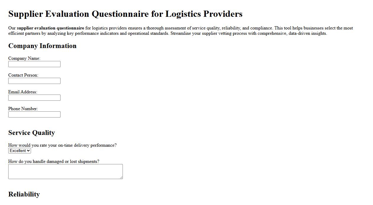 Supplier evaluation questionnaire for logistics providers image preview