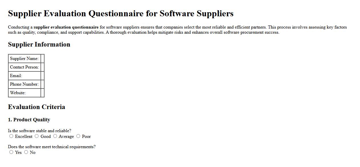 Supplier evaluation questionnaire for software suppliers image preview