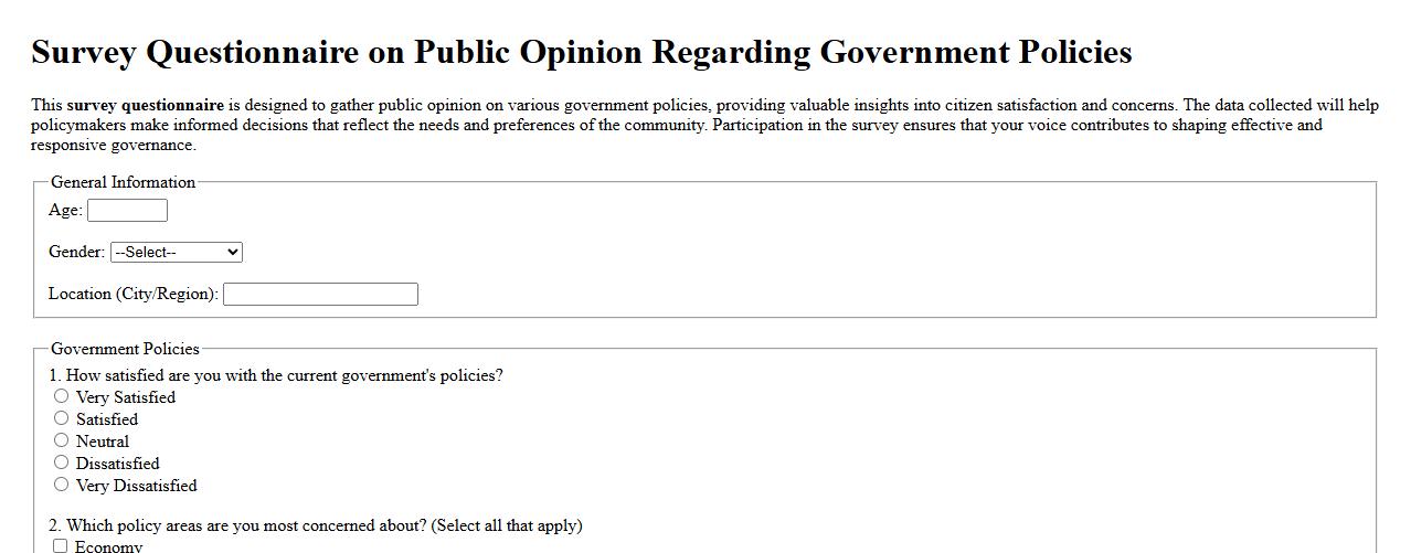 Survey questionnaire on public opinion regarding government policies image preview