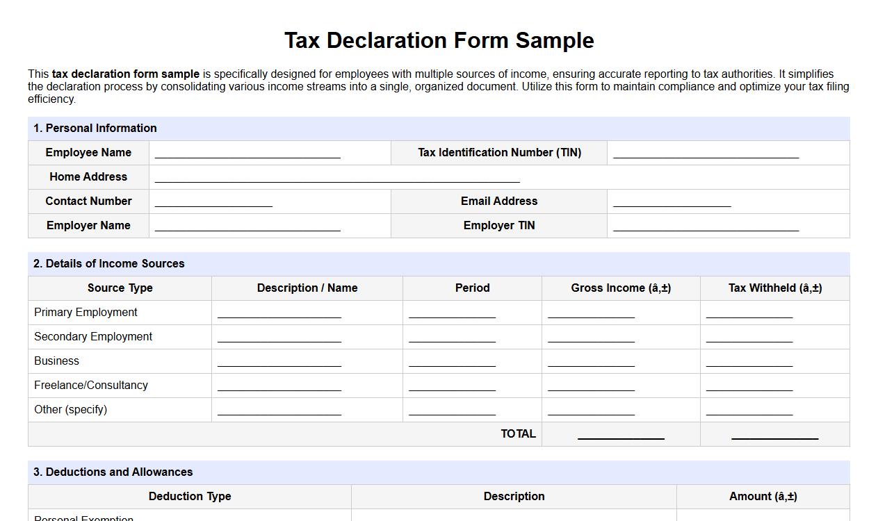 Tax declaration form sample for employees with multiple incomes image preview