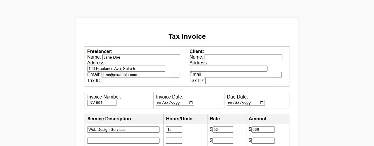 Tax invoice form sample for freelance services image preview