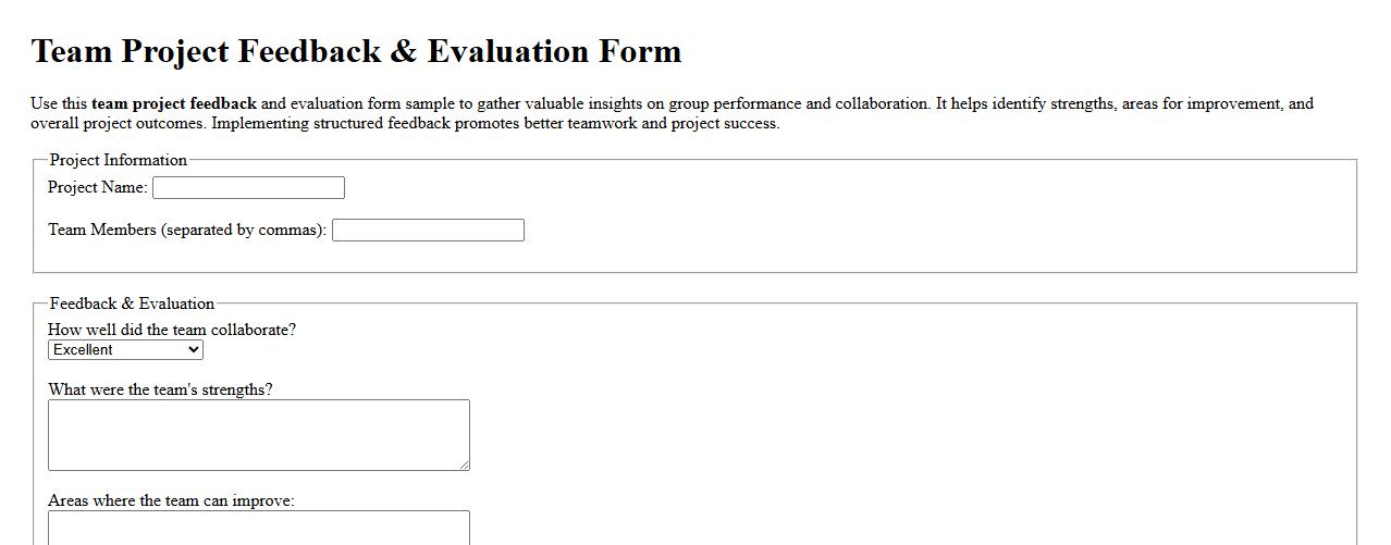 Team project feedback and evaluation form sample image preview