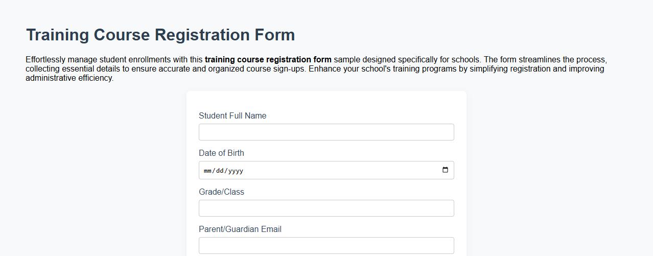 Training course registration form sample for schools image preview