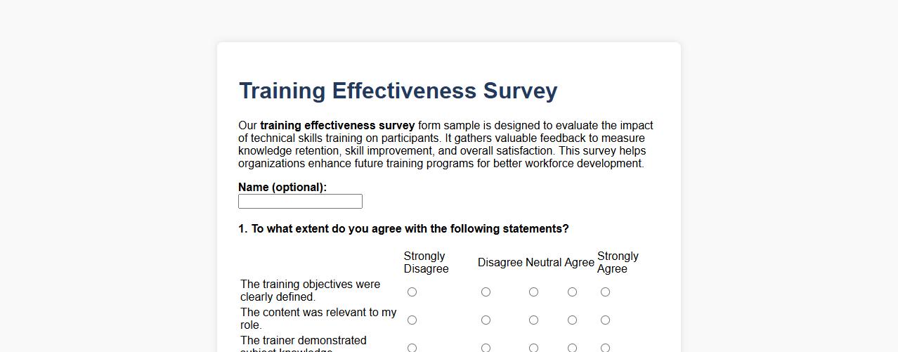 Training effectiveness survey form sample for technical skills training image preview
