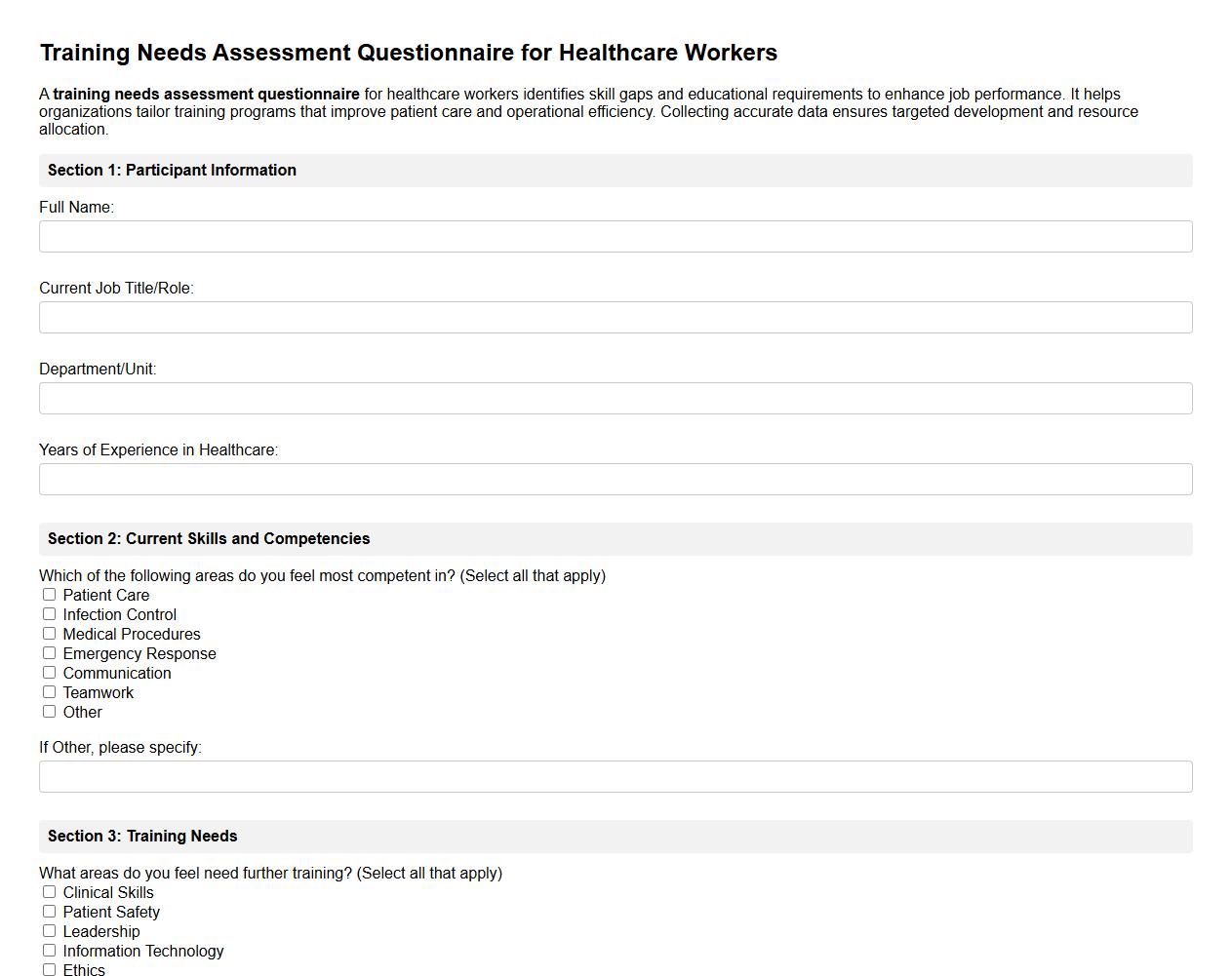 training needs assessment questionnaire for healthcare workers image preview