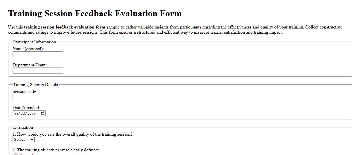 training session feedback evaluation form sample image preview