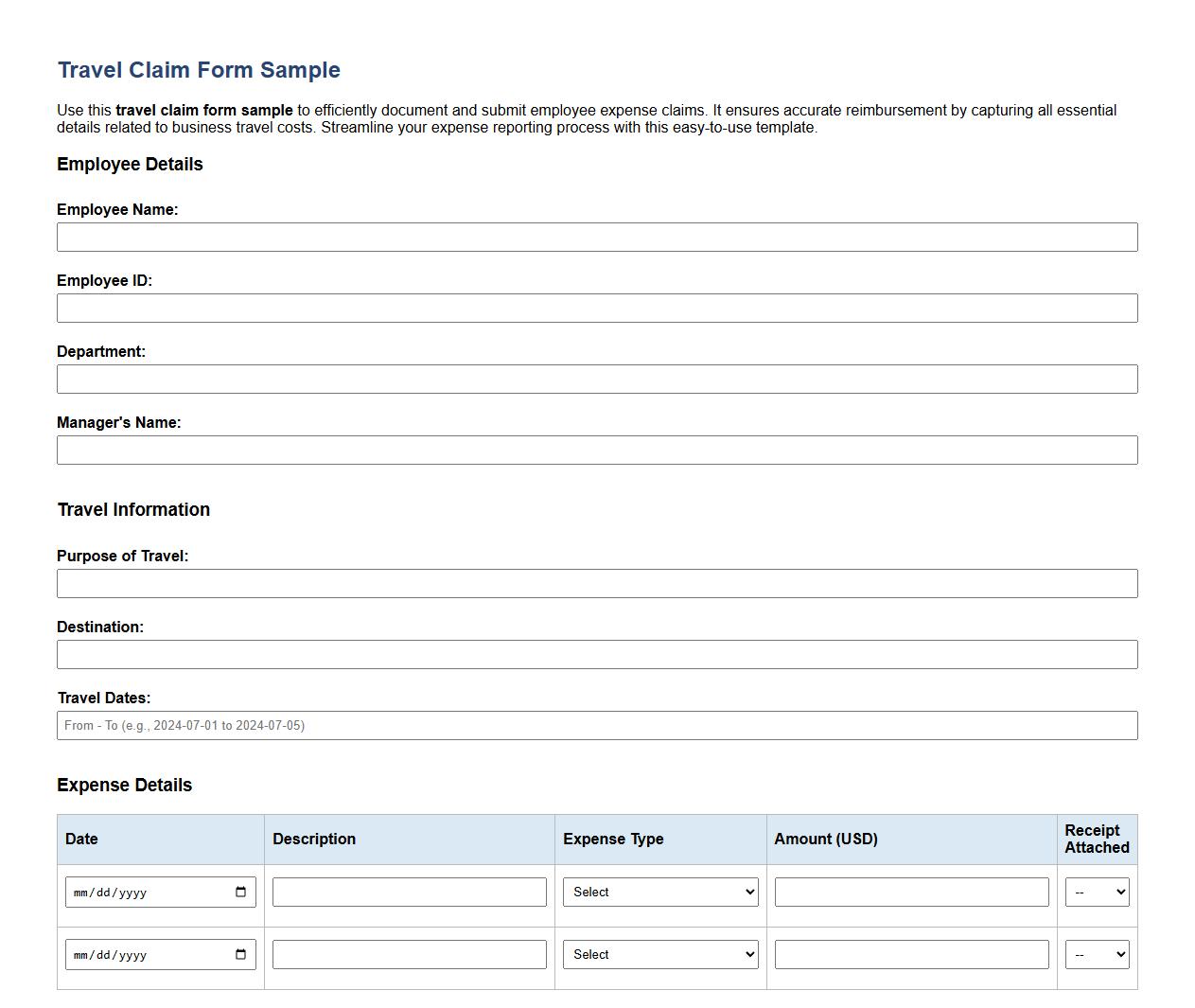 Travel claim form sample for employee expense claims image preview