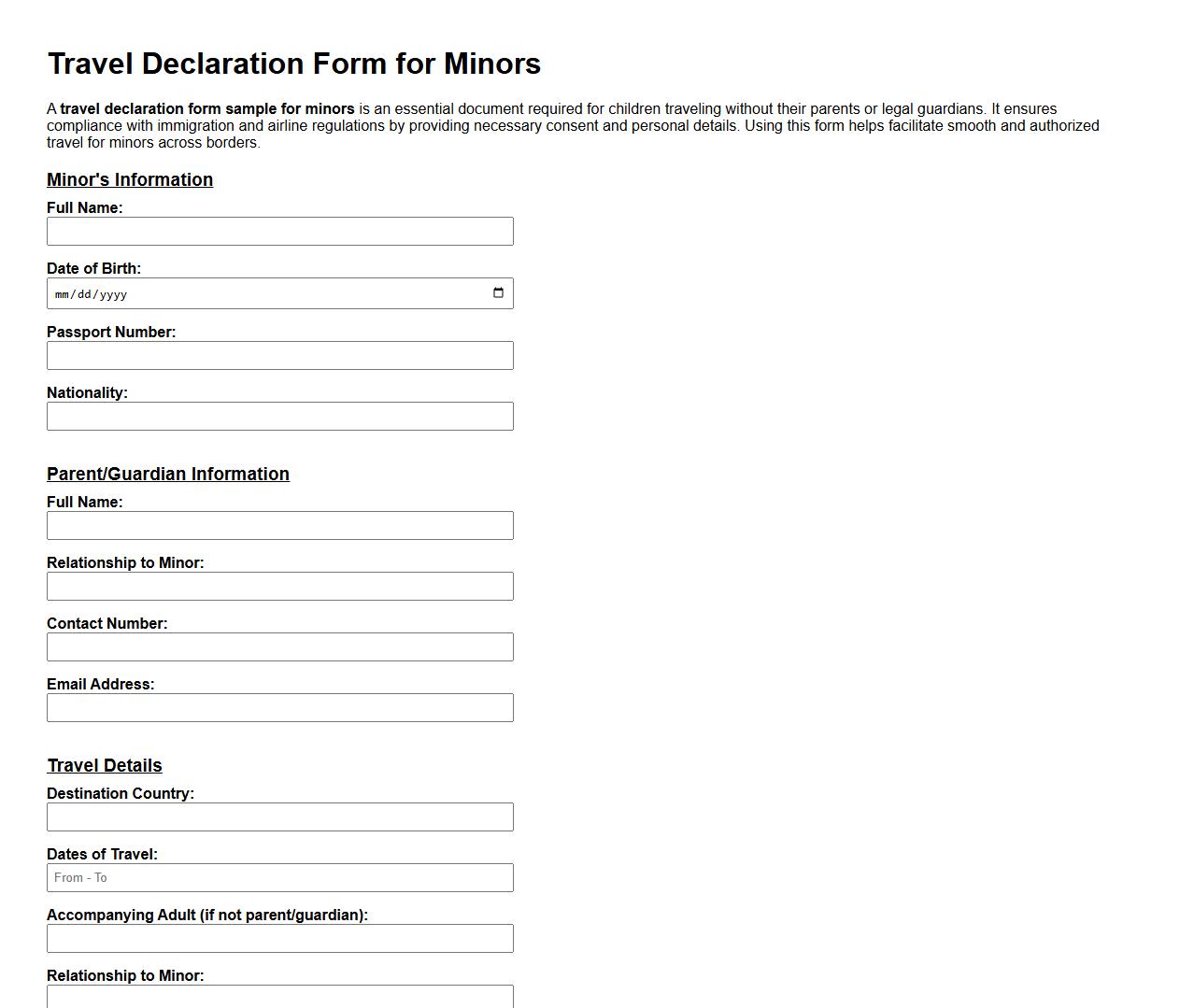 travel declaration form sample for minors image preview