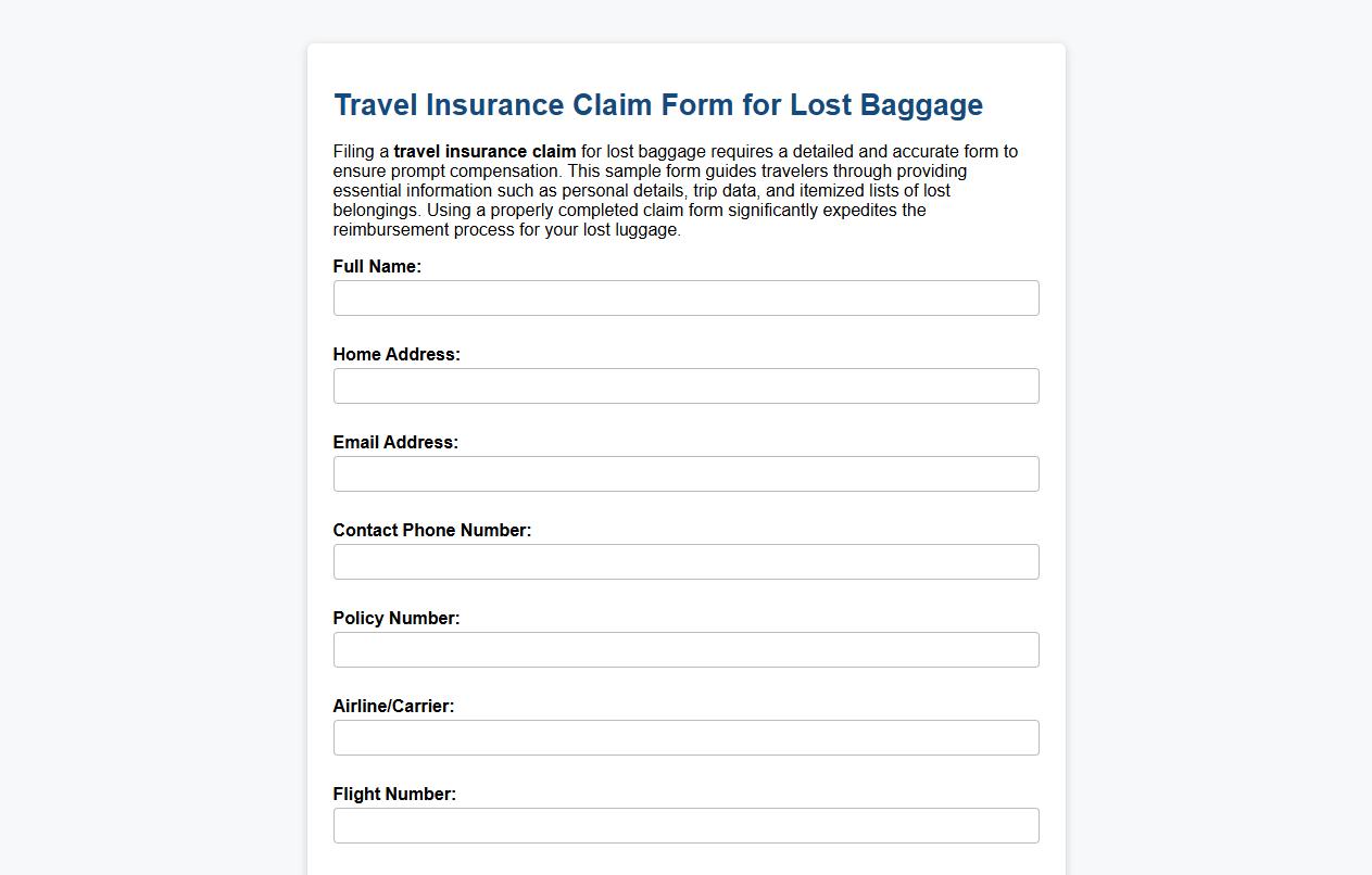 Travel insurance claim form sample for lost baggage image preview