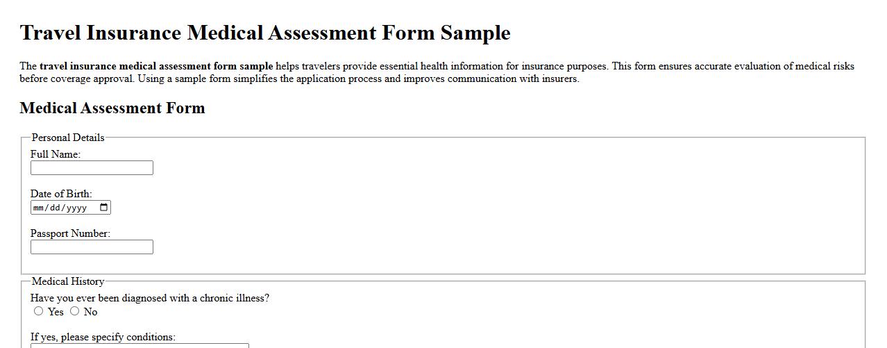 Travel insurance medical assessment form sample image preview