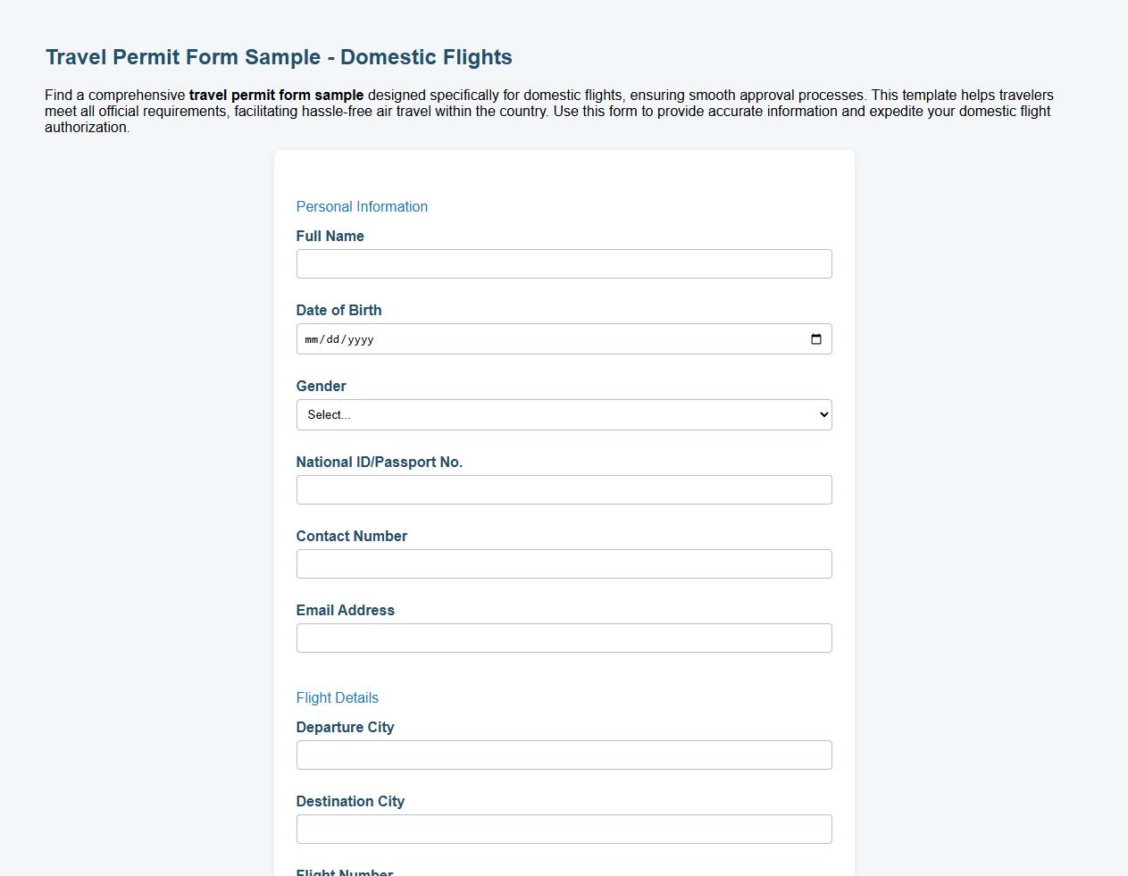 Travel permit form sample for domestic flights image preview