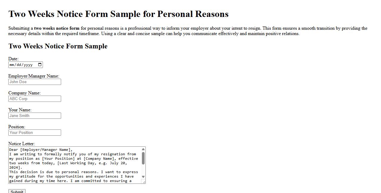 two weeks notice form sample for personal reasons image preview