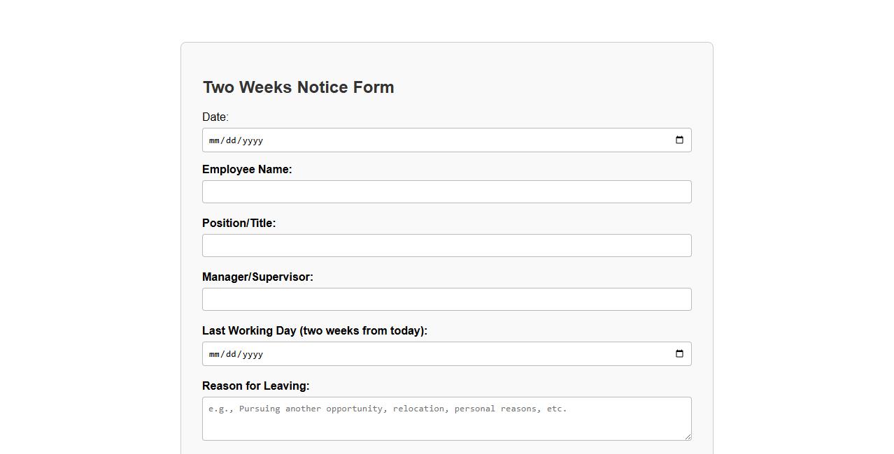 two weeks notice form sample with reason for leaving image preview