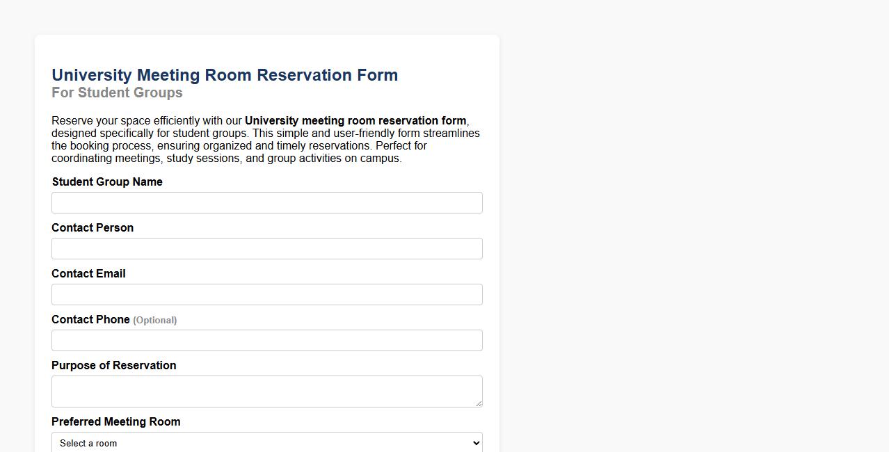 University meeting room reservation form sample for student groups image preview