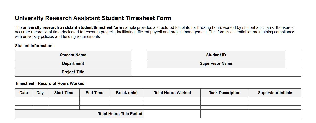 university research assistant student timesheet form sample image preview
