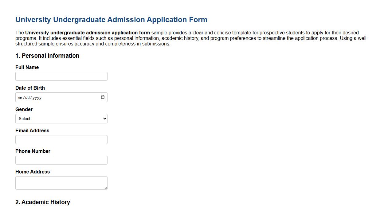 University undergraduate admission application form sample image preview