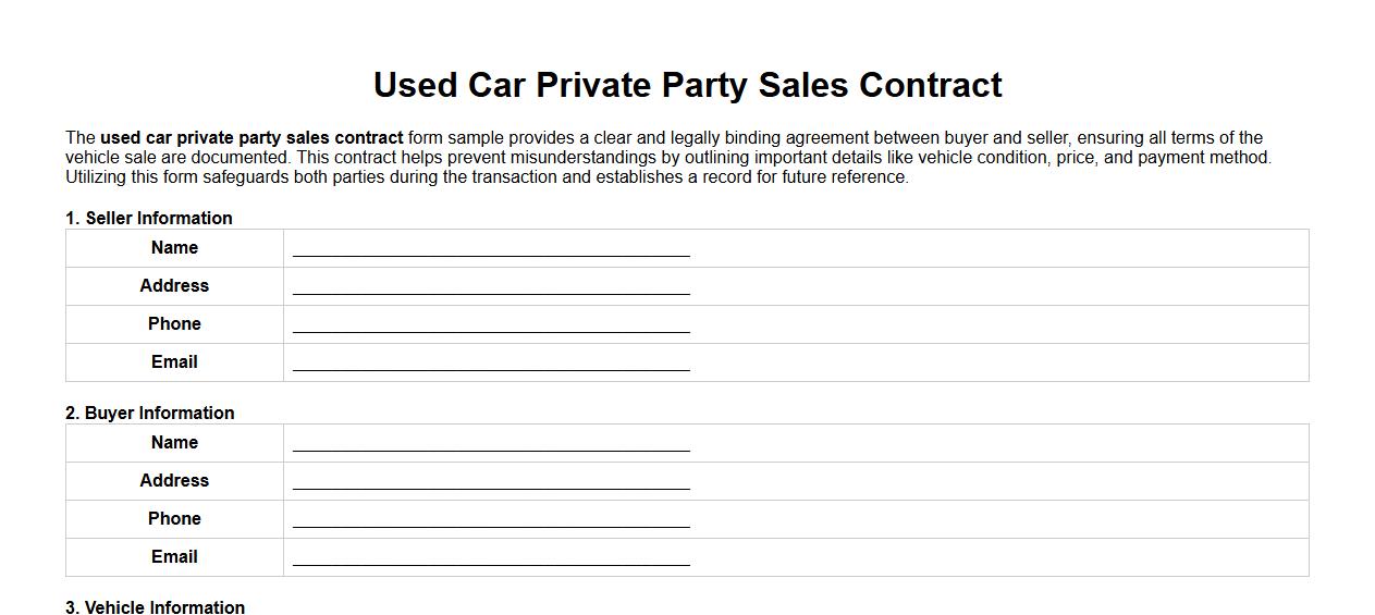 used car private party sales contract form sample image preview