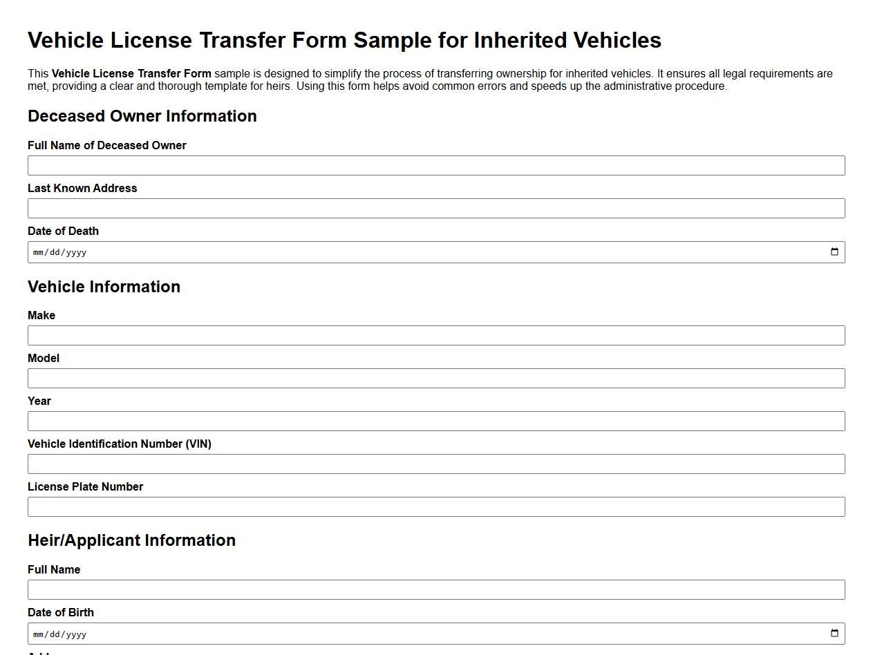 Vehicle License Transfer Form Sample for Inherited Vehicles image preview