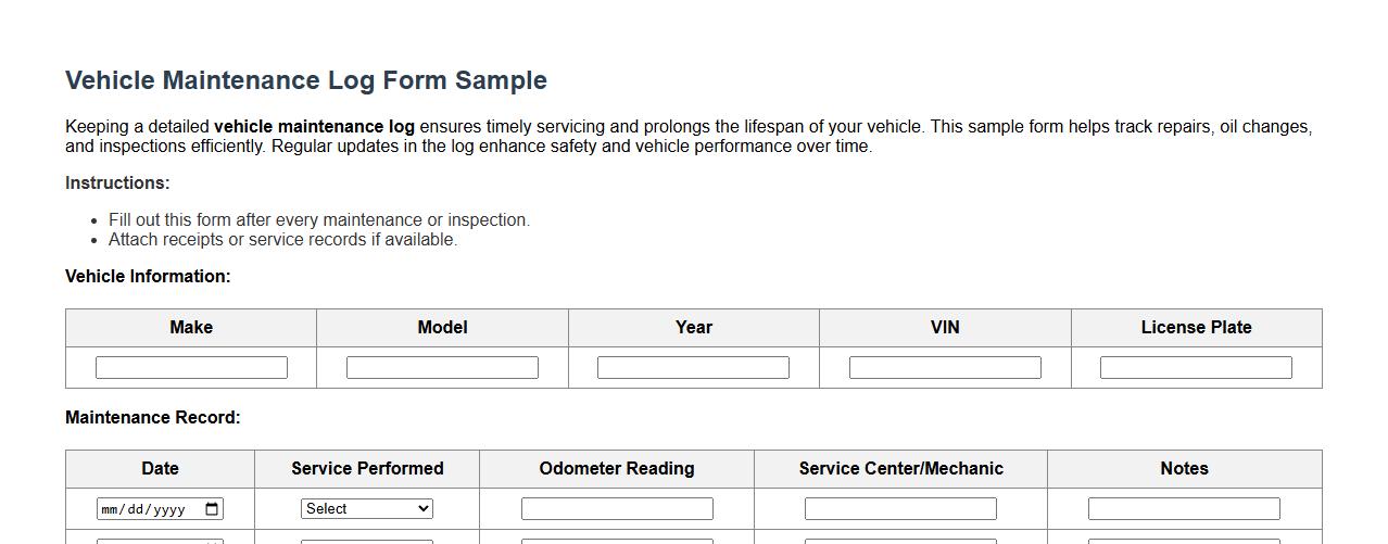 vehicle maintenance log form sample image preview