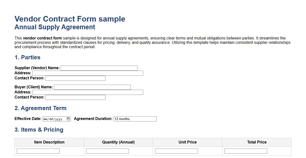 vendor contract form sample for annual supply agreements image preview