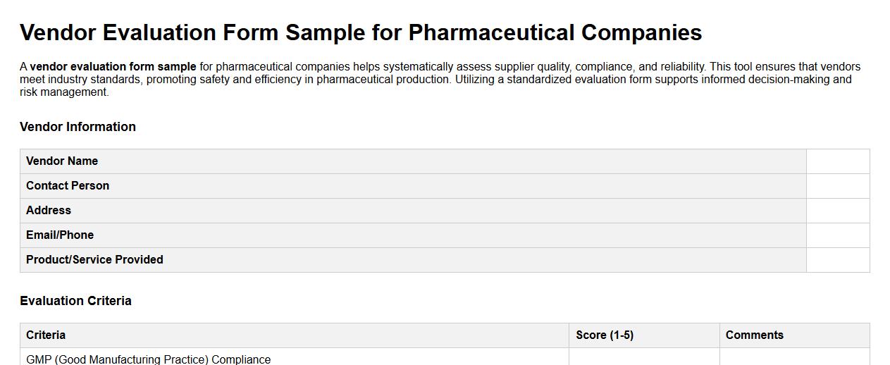 vendor evaluation form sample for pharmaceutical companies image preview