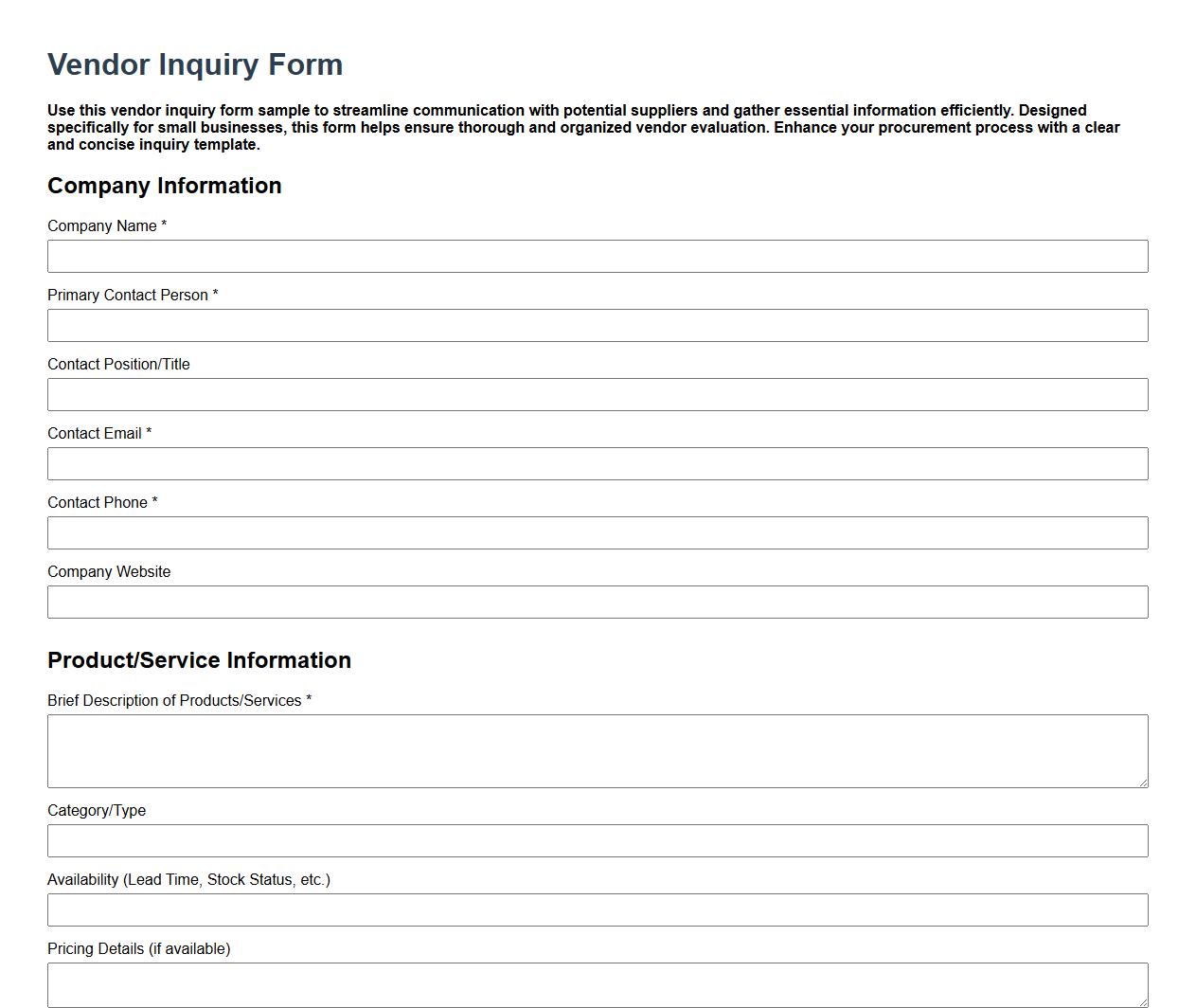 Vendor inquiry form sample for small businesses image preview