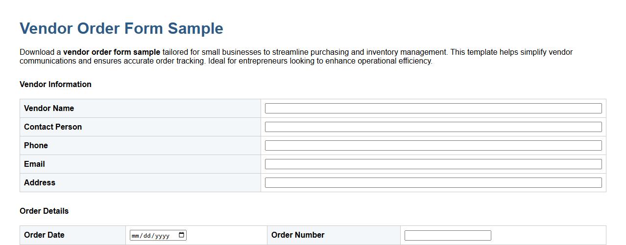 vendor order form sample for small businesses image preview