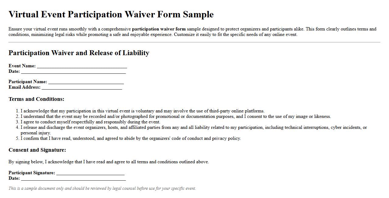 Virtual event participation waiver form sample image preview