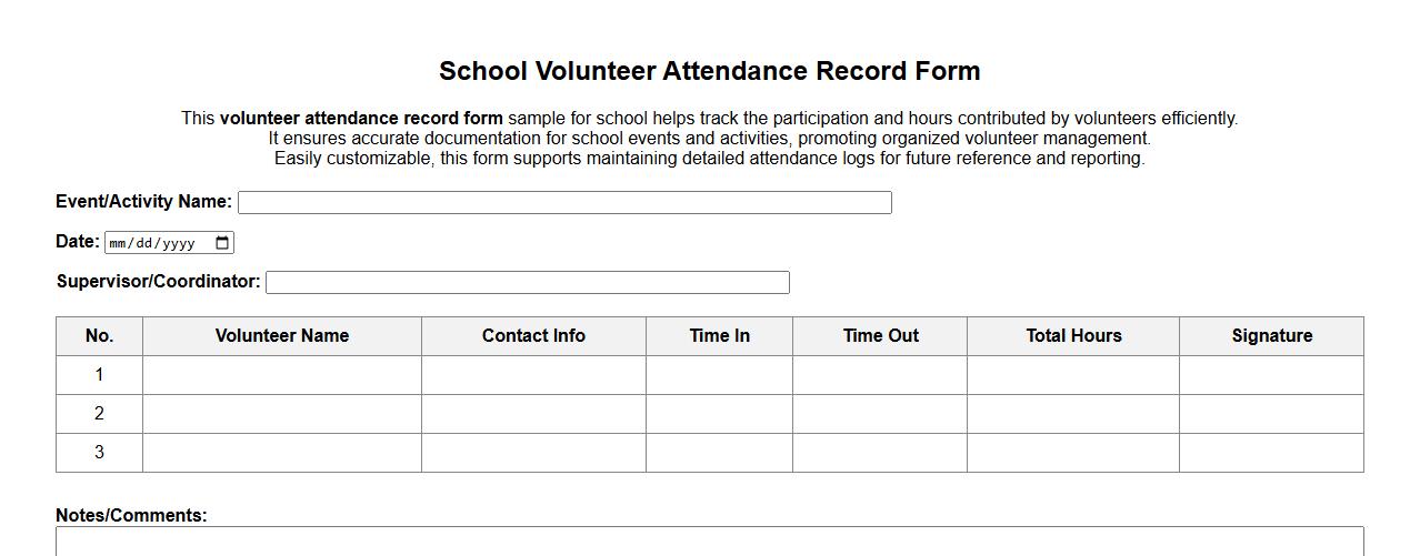 volunteer attendance record form sample for school image preview