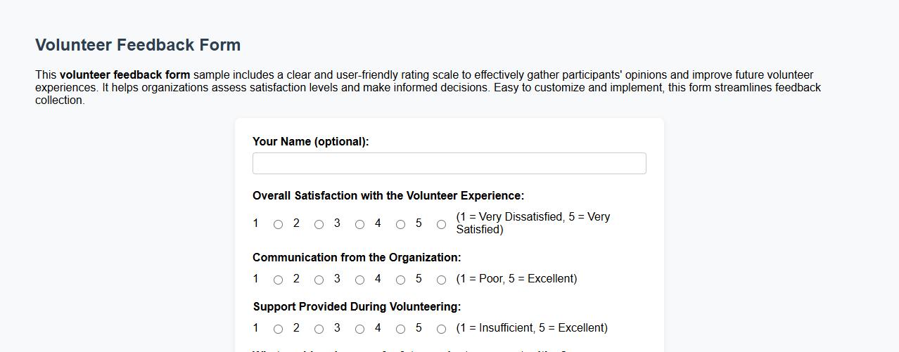 Volunteer feedback form sample with rating scale image preview