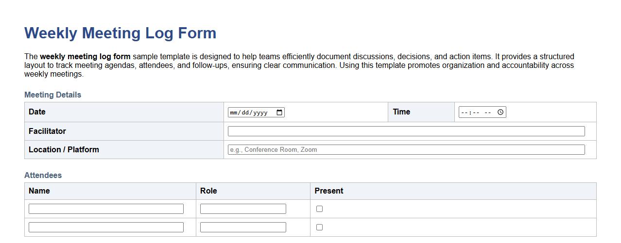 weekly meeting log form sample template image preview