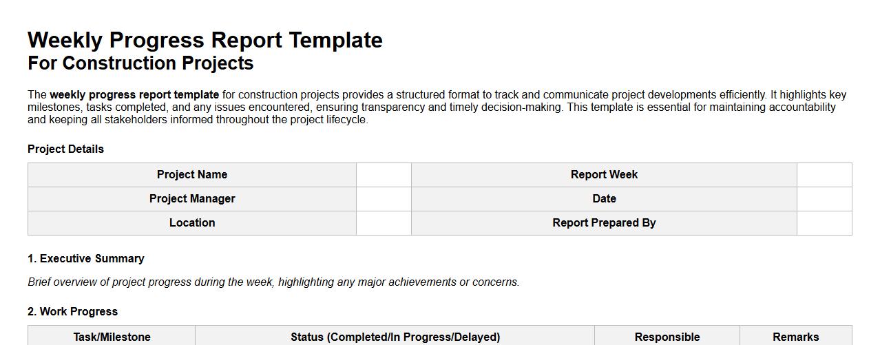 Weekly progress report template for construction projects image preview