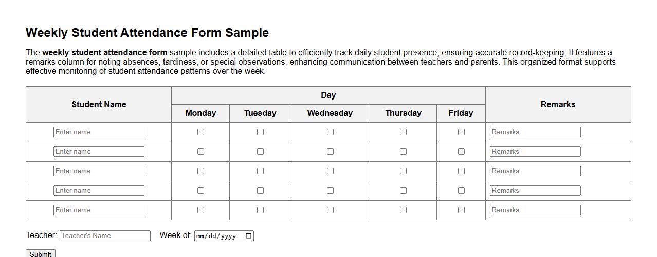 Weekly student attendance form sample with remarks column image preview